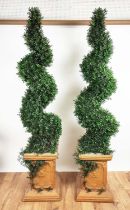 A PAIR OF FAUX BOXWOOD TOPIARY SPIRAL TREES, in box planters, 200cm H x 41cm W x 41cm D