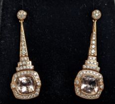 A PAIR OF 18CT GOLD MORGANITE AND DIAMOND SET PENDANT EARRINGS, the largest stones cushion cut, with