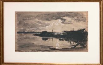 JOHN LINNELL (1792-1882), 'Itchen Ferry, Southampton by moonlight', charcoal, 29cm x 43cm, signed,