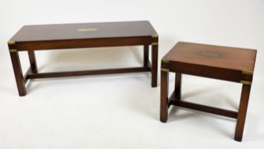 CAMPAIGN STYLE LOW TABLE, mahogany with brass central plaque and capped corners with accompanying