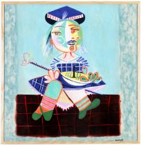 AFTER PABLO PICASSO, Maya on cotton, signed in the plate, 66cm x 66cm.