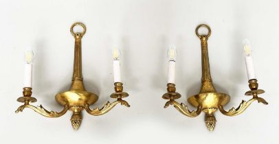 WALL SCONCES, a pair, 20th century gilt metal twin arm with pineapple finials, 40cm H. (2)