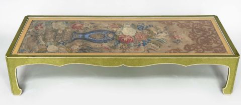 LOW TABLE BY MALLETT, green painted Chinoiserie decorated glazed needlework panel, 170cm x 66cm x