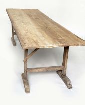 HARVEST OR VIGNERON TABLE, 19th century French planked and cleated on trestle supports, 230cm x 78cm