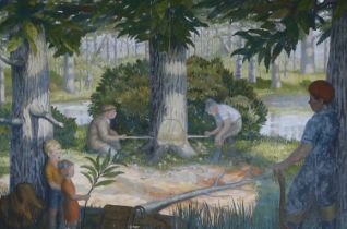 ATTRIBUTED TO ALZIRA PEIRCE (1908-2010), 'Woodland scene with figures', oil on board, 183cm x 244cm.