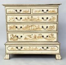 CHEST ON STAND, George III and sepia gilt Chinoiserie decorated with four long drawers, 107cm x 49cm