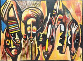 MICHAEL OKAHAGWU (Nigeria 1948-2016), 'Masqueraders', oil on canvas, signed.