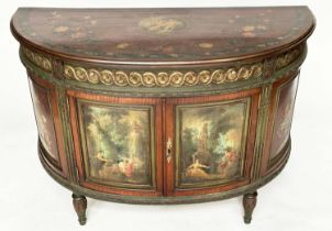 DEMI LUNE COMMODE, French late 19th/early 20th century satinwood, green and polychrome with frieze