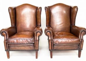 WING ARMCHAIRS, a pair, George III design brass studded mid brown soft natural leather