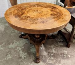 CENTRE TABLE, mid 19th century, marquetry veneered top, with walnut book matched veneers, feather