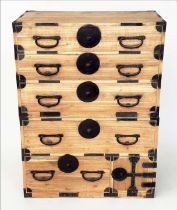 TANSU CHEST, late 19th/early 20th century Japanese kiriwood and metal bound in two sections with