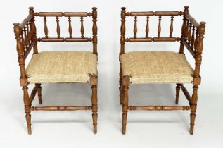 CORNER CHAIRS, a pair, 19th century fruitwood each bobbin turned, 43cm. (2)