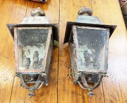 WALL LANTERNS, a pair, Victorian style, brass with faux verdigris, four lights to interiors. (2)