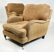 LIBERTY ARMCHAIRS, a pair, Howard style with paisley fabric, raised on turned front supports and