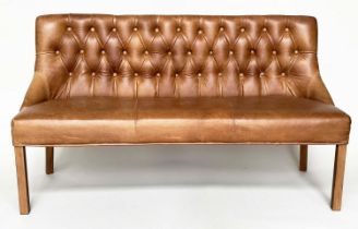 BENCH, natural mid brown natural soft leather with deep buttoned back, 162cm x 92cm H x 57cm.