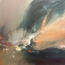 JANET KERR 'Fields of Fire, VI, No II', oil on canvas, 76cm x 76cm, signed verso.