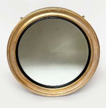 CIRCULAR WALL MIRROR, Regency style giltwood circular bevelled mirror, ebonised reeded slip and