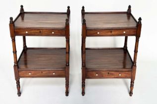 LAMP TABLES, a pair, George III mahogany and ebony inlaid each with gallery two tiers and two