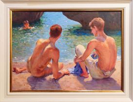 ANATOLIY DEMENKO (Ukrainian), 'Friends on the beach', oil on canvas, 50cm x 69cm, framed.