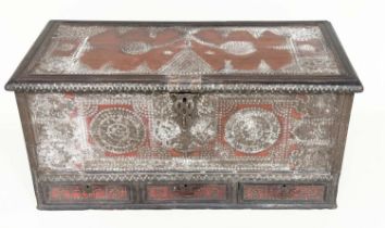 ZANZIBAR CHEST, 19th century Moorish hardwood and allover brass studded with rising lid, candle
