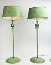 CHAUMETTE TABLE LAMPS, French circa 1970's, Regency design verdigris metal with lion head detail,