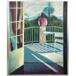 AFTER DAVID HOCKNEY (British b.1937), 'Sur la Terrasse', oil on board, 138cm x 113cm, framed.