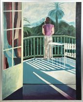 AFTER DAVID HOCKNEY (British b.1937), 'Sur la Terrasse', oil on board, 138cm x 113cm, framed.