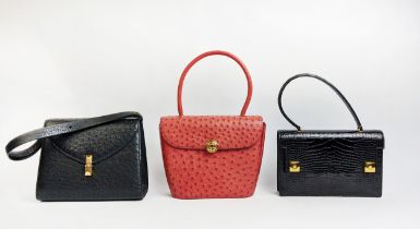 AVRIL & MORIO PARIS VINTAGE BAGS, three, a coral color ostrich and leather, with flap closure and