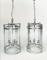 HALL LANTERNS, a pair, cylindrical form chrome and glass each with four branch pendant lights,