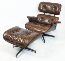 LOUNGE CHAIR AND OTTOMAN, by Artsome, after a design by Charles and Ray Eames, hand dyed saddle