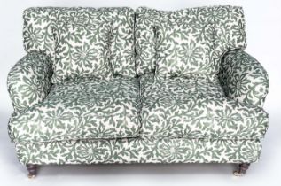HOWARD STYLE SOFA, 90cm H x 159cm W x 95cm D, two seater, with William Morris green cream upholstery
