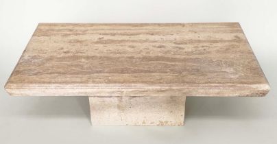 TRAVERTINE LOW TABLE, 1970's Italian marble, rectangular with conforming plinth base, 130cm x 67cm x