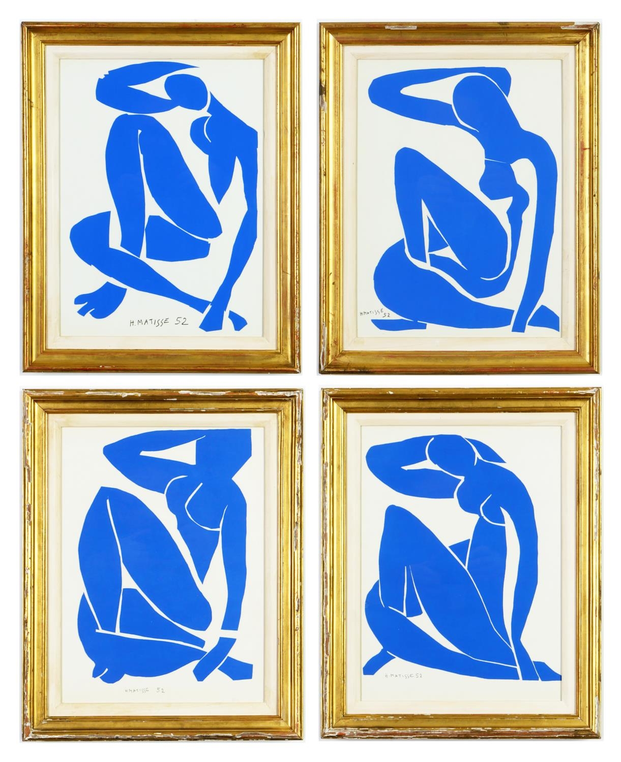 HENRY MATISSE, set of Four Blue Nudes in vintage gilt frames, Nu Bleu VI, Nu Bleu III, Nu Bleu