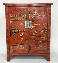 MARRIAGE CABINET, late 19th/early 20th century Chinese scarlet lacquered and gilt Chinoiserie