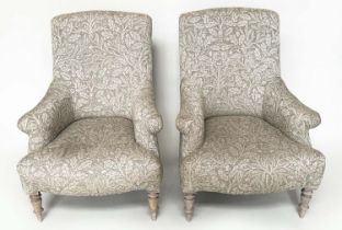 ARMCHAIRS, a pair, with William Morris grey upholstery and turned front supports. (2)