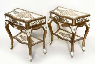 FLORENTINE LAMP TABLES, a pair, Italian parcel gilt each with drawer and undertier, 58cm x 33cm x
