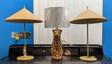 HK LIVING TABLE LAMPS, a pair, 58cm H together with a Made.com ceramic leopard lamp, 51cm H. (3)