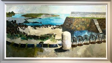 EDWARD POND (1929-2012), 'Harbour and lobster pots', oil on board, 63.5cm x 121cm, signed and