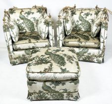 KNOLE ARMCHAIRS, a pair, upholstered in peacock and pineapple fabric with brass finials and rope