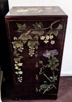 ASIAN JEWELLERY CHEST, in decoupage lacquered finish with a rising lid over drawers and two side