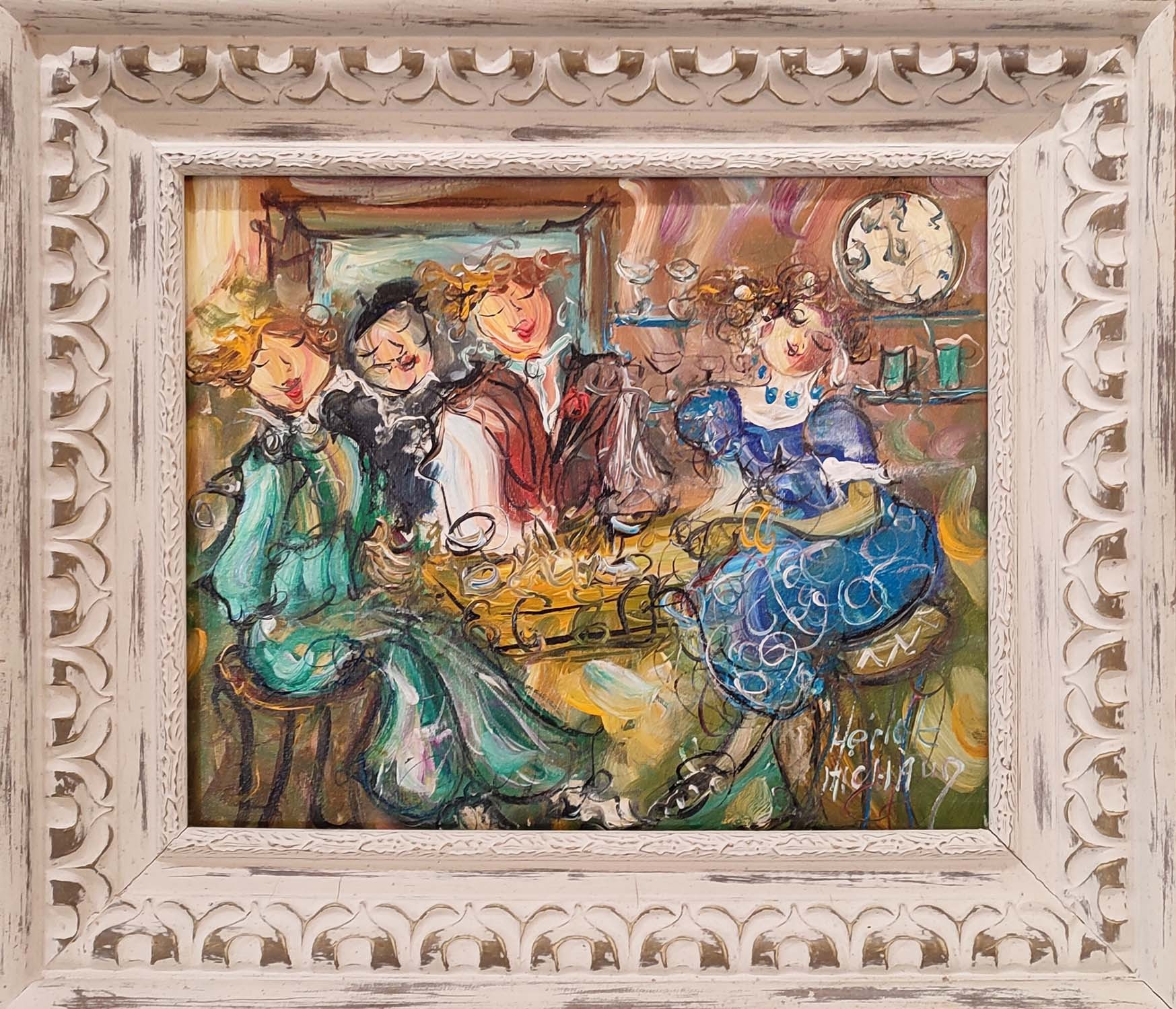 MERICK MICHAUD (French, b.1954), 'La belle du cafè', oil on canvas, 38cm x 46cm, framed.