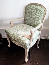 FAUTEUIL, 100cm H x 63cm, Louis XV style grey painted in patterned green fabric.