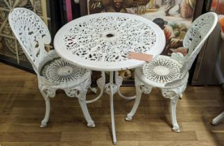 WHITE METAL GARDEN TABLE AND TWO CHAIRS, 69cm W x 75cm H, chairs 85cm H x 42cm. (3)