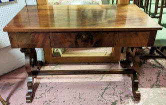 WRITING TABLE, Biedermeier mahogany, three drawers, 120.5cm x 65cm x 79.5cm.