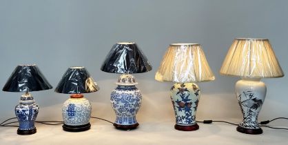 TABLE LAMPS, Chinese ceramic, five various including two vase form botanical, and three blue and