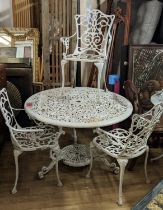 GARDEN TABLE, white painted metal, 72cm H x 107cm diam and four chairs to match, 93cm H x 55cm W. (