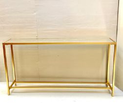 CONSOLE TABLE, 79cm high, 152cm wide, 25cm deep, mirrored glass top, gilt metal frame.
