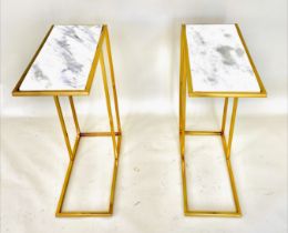 SIDE TABLES, a pair, 60cm H x 46cm W x 22cm D, gilt metal with white marble tops. (2)