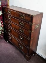 CAMPAIGN STYLE HALL CHEST, hardwood and brass bound of five drawers, 71cm W x 23cm D x 82cm H.