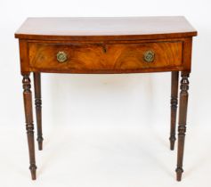 BOWFRONT SIDE TABLE, 84cm H x 92cm x 51cm, George III mahogany with frieze drawer.